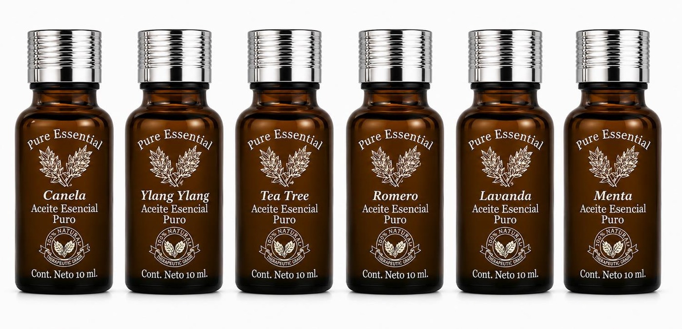 Línea Aromaterapia Pure Essential: Canela, Ylang Ylang, Tea Tree, Romero, Lavanda, Menta